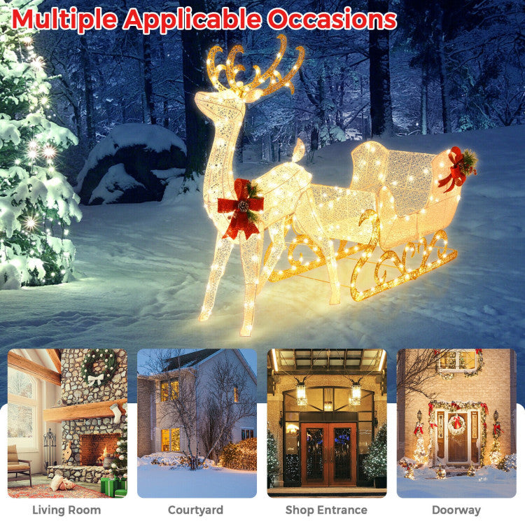 Versatile Indoor and Outdoor Use: Crafted with a robust steel frame and adorned with a water-resistant tinsel bow around the reindeer's neck, this decoration set is suitable for both indoor and outdoor settings. It can grace your living room or transform your backyard into a Christmas wonderland.