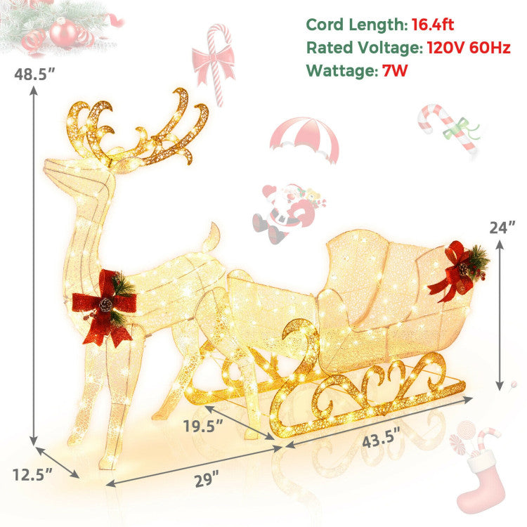 Effortless Assembly: This Christmas reindeer and sleigh set includes all the necessary accessories and a user-friendly instruction manual, enabling you to assemble it quickly and accurately. With a 16.4 ft cord, you have flexibility in positioning the decorations outdoors. Overall Dimensions: 19.5" x 72.5" x 48.5" (L x W x H).