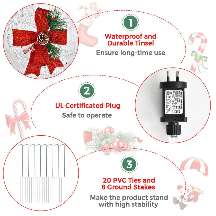 Stable Stand Design: Each component is securely fastened with durable PVC ties, ensuring the set remains intact. You'll also receive 8 ground stakes to firmly anchor the reindeer and sleigh to the ground, preventing any unwanted wind-related mishaps.