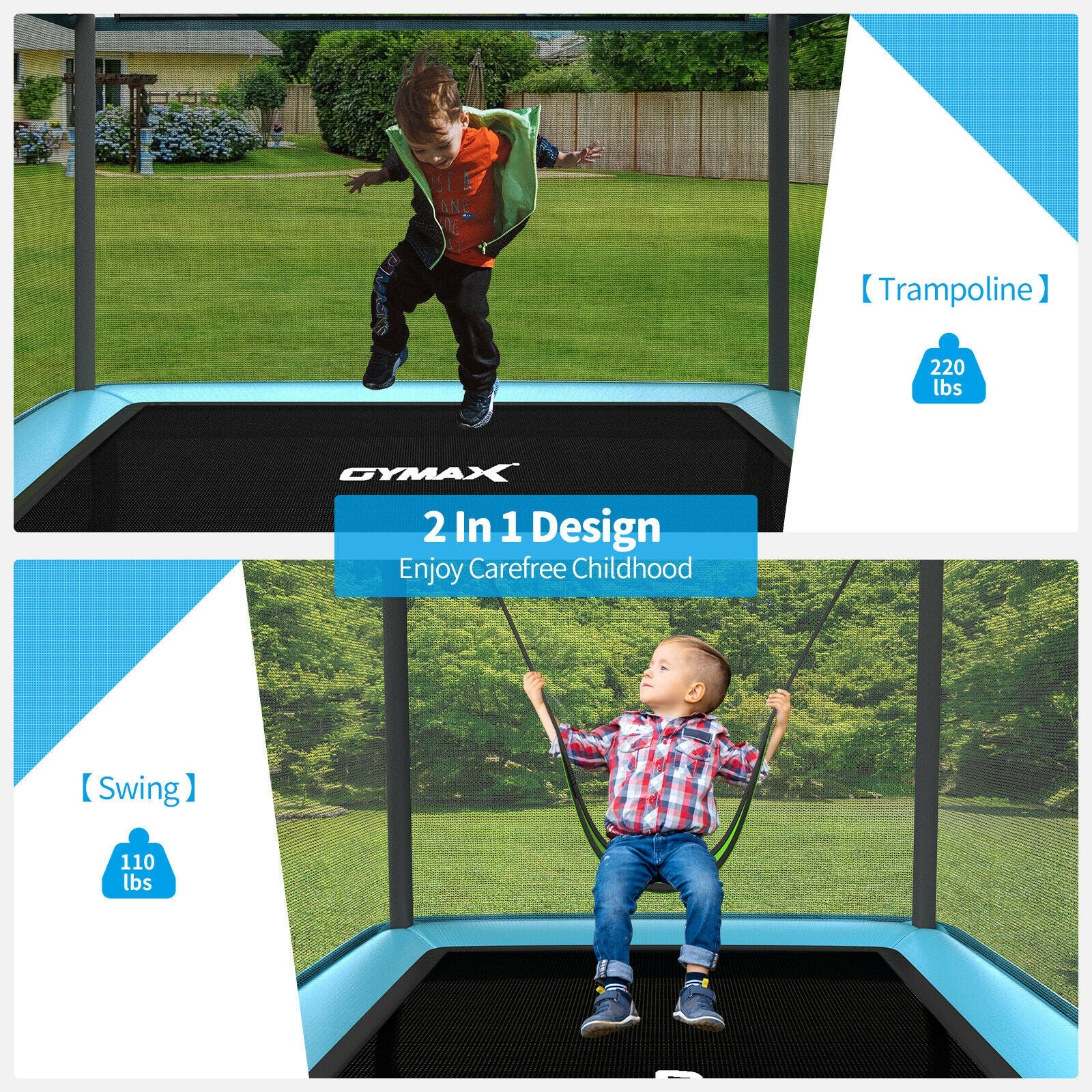 2-in-1 Trampoline and Swing Combo: Unlike traditional trampolines, this kids' trampoline offers the added fun of a swing, providing your child with endless entertainment. This high-quality playset is designed to keep your little one engaged for hours on end.
