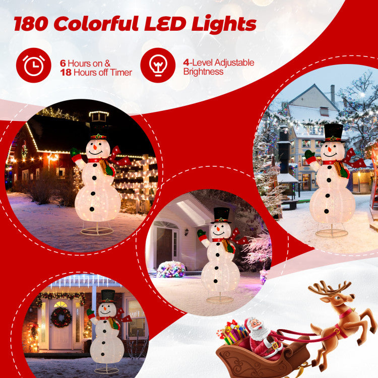 Dazzling Illumination: Our 6ft Christmas snowman boasts 180 vibrant LED lights for a stunning nighttime glow. With 8 dynamic lighting modes and 4 brightness levels, it captivates day and night, ensuring a mesmerizing holiday display.