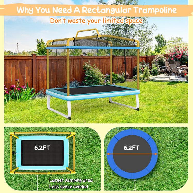 Space-Saving Rectangular Design: Maximize your small backyard space with our rectangular trampoline (75" x 49"). Providing a larger jumping area than round trampolines, it's the perfect fit for compact outdoor spaces, creating an exclusive jumping zone for your kids.