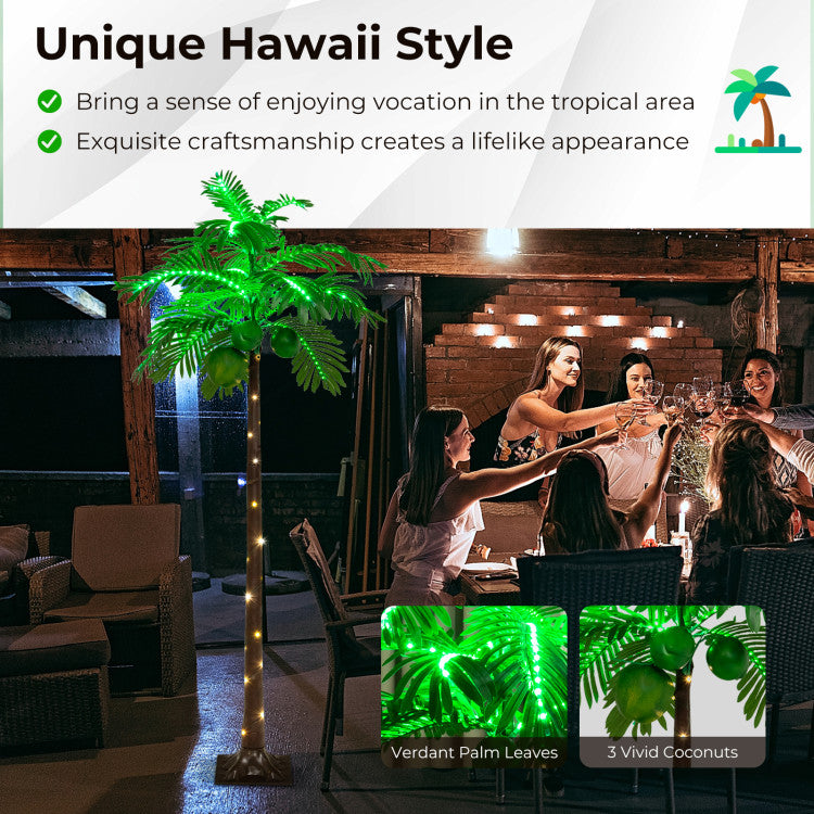 Tropical Paradise Vibes: Transform any space into a tropical haven with our lifelike 6 ft LED-lit palm tree. With a true Hawaiian style, this tree brings the essence of a Hawaiian paradise right to your home or event. Its vibrant palm leaves and 3 coconuts look incredibly natural.