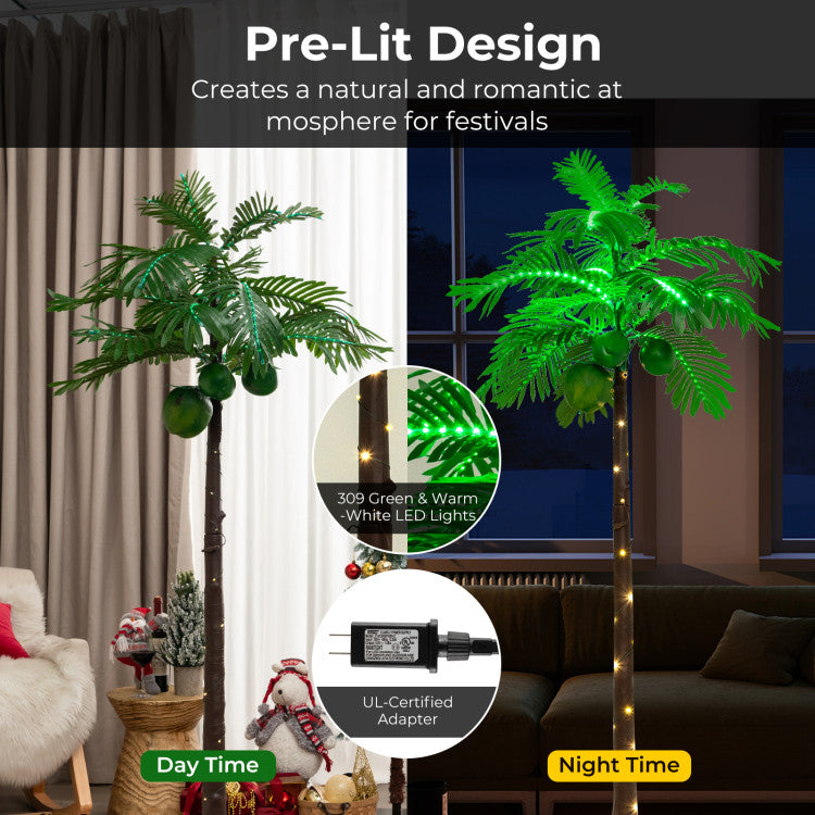 Instant Ambiance with LED Glow: Our Hawaiian-style tropical coconut tree is pre-lit with 309 LED lights in green and warm-white tones. These lights cast a captivating and soothing glow, instantly elevating the atmosphere. Rest easy with the safety of UL588-certified lights and UL-certified adapter.