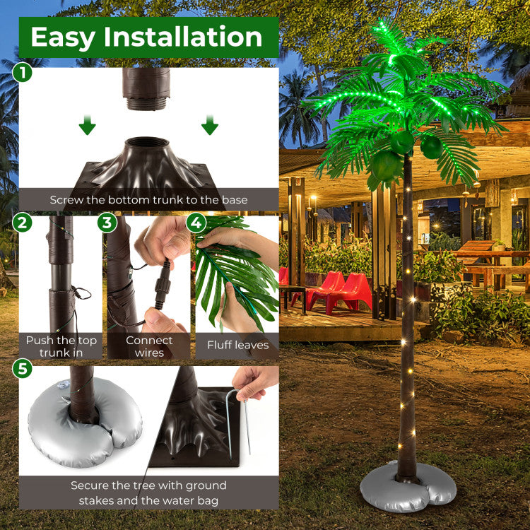 Effortless Setup: No tools needed! Setting up this faux palm tree is a breeze. Just attach the bottom trunk to the base, insert the top trunk, connect the wires, fluff the leaves, secure the tree with ground stakes and the water bag – and voilà, your tropical paradise is ready in no time.