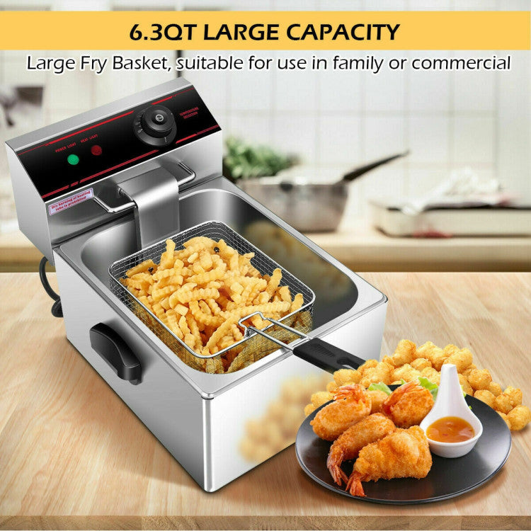 large 6.3QT Capacity and Bonus Fryer Basket: Our fryer boasts a generous 6-liter tank, and it includes an electroplated fryer basket with heat-resistant handles at no extra cost. With dimensions measuring 13" x 17" x 11.5" (L x W x H), it's perfectly sized for all your favorite dishes, from crispy chips to delicious fried chicken.