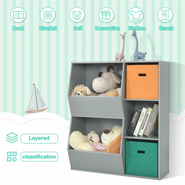 Versatile Storage Organization: This multi-bin storage organizer is a versatile addition to your family's storage needs. It features an ergonomic height that is thoughtfully designed for children, allowing them to access and place toys or books on the top shelf by themselves. The stylish appearance of this organizer complements various bedroom or living room decor styles.