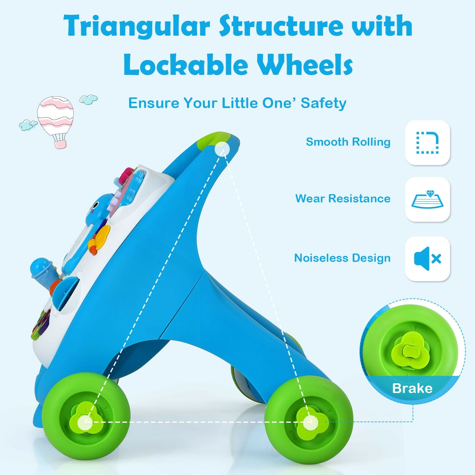 Durable material and sturdy structure: Designed with a triangular structure on the side and a four-point rectangular structure on the bottom, this baby sit-stand walker is evenly distributed in force, bringing super high stability. So your kids can use it safely.
