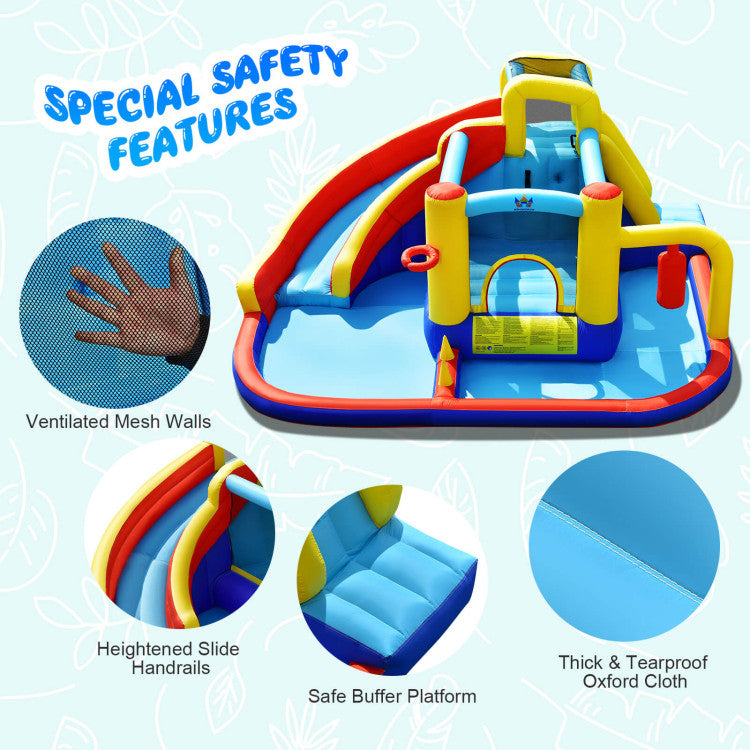 Safety is Paramount: Crafted from odorless, non-toxic Oxford material, our inflatable water slide offers a secure play zone. Ventilated mesh walls, sturdy handrails, and a stable platform ensure kids' safety. Thickened Oxford cloth guarantees long-lasting durability.