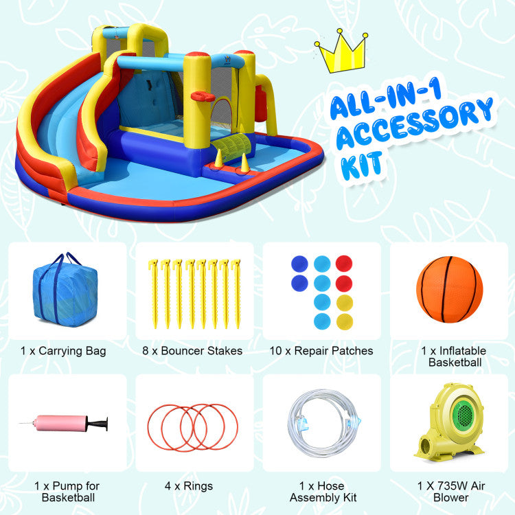 Portable Playtime: Take the fun anywhere with the included carry bag. You'll also receive essential accessories like a hose assembly kit, 10 repair patches, 8 sturdy stakes, an inflatable basketball, a handy pump, 4 ring-toss rings, and a powerful 735W air blower.