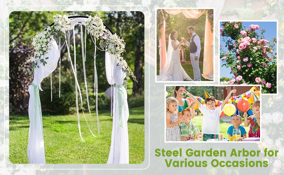 Ideal for Other Occasions: Beyond just a garden arch, our pergola is a perfect blend of aesthetics and functionality. Ideal for parties, weddings, ceremonies, and more, it accommodates everything from climbing plants to hanging ornaments. Embrace the versatility of this steel arbor for all your outdoor needs.