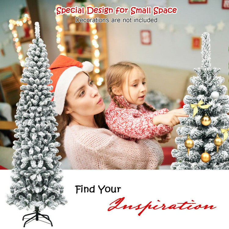 Snow Flocked Pencil Christmas Tree: Crafted with 641 branch tips, this 7.5ft snow-flocked Christmas tree is leafy and elegant. It will add a unique wintry feel to any setting. With its slim pencil design, this artificial Xmas tree is space-saving and perfect for display in corners or rooms with limited space.