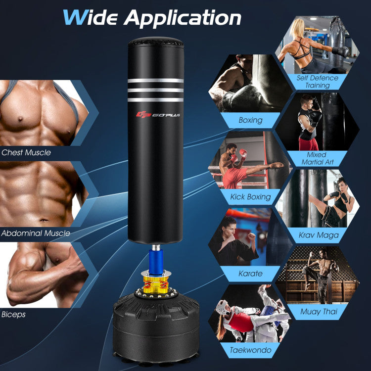 Freestanding Punching Bag with Gloves: The freestanding punching bag, boasts an impressive 70" height for a larger punching area. Perfect for boxing, kickboxing, karate, taekwondo, and more, it comes complete with a pair of 12OZ professional boxing gloves for a knockout experience.