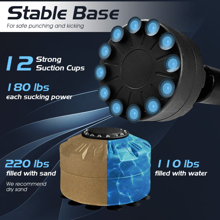 Stable Base with Suction Cups: Our punching bag features an ABS anti-deformation base equipped with 12 strong suction cups, ensuring it stays firmly in place during intense workouts. Fill the base with sand or water to enhance weight, providing unbeatable stability for every punch and kick.