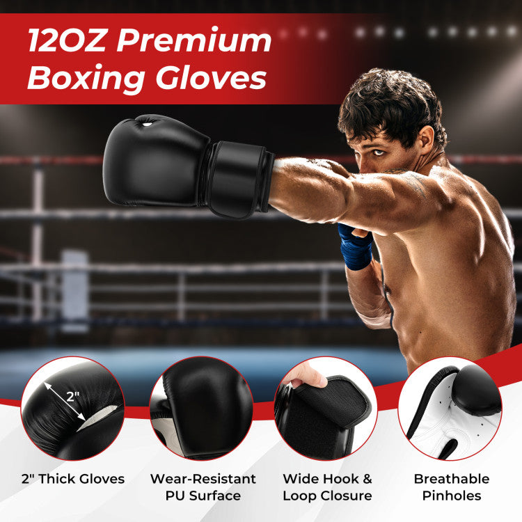 12 OZ Premium Boxing Gloves: The 12OZ premium boxing gloves, crafted with a wear-resistant PU surface and breathable design, provide superior hand protection and ventilation. Elevate your exercise routine with this dynamic duo – a punching bag with a 360° shock control design and gloves designed for peak performance.