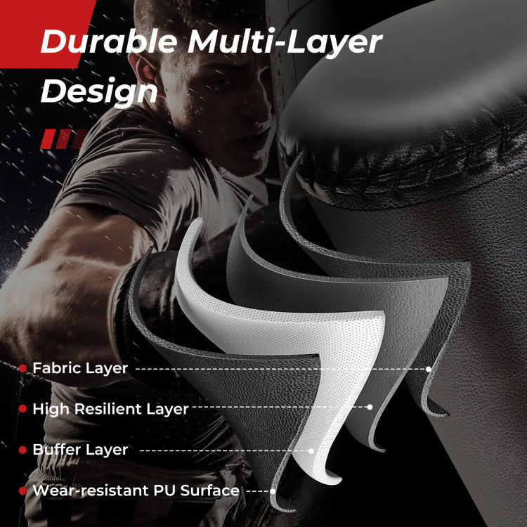 Reliable Multi-layer Structure: The 4-layered punching bag features a premium PU surface, shock-absorbent design, and 25 suction cups for stability. This set, including 12OZ premium boxing gloves, ensures a superior, noise-free punching experience. Elevate your workout routine with this reliable and enduring fitness companion.