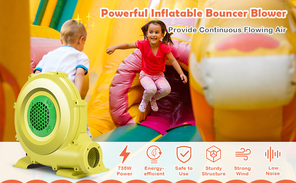 The 735 W 1.0 HP Air Blower Fan Pump is ideal for inflating medium and large sized inflatable bounce house. Not only can it be used for inflation, but it can be used to blow debris off sidewalks, leaf cleanup, or dry wet surfaces such as carpet. Small in size and covered by PP engineering plastics, which is lighter and easy to transport. They also feature a built-in cord storage compartment to your safe protection.