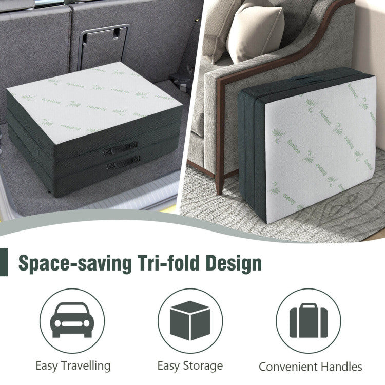 Space-saving Tri-fold Design for Convenience: Our folding floor mattress is ingeniously designed with 3 partitions that effortlessly fold up, saving precious space when not in use. The convenient hook and loop fastener securely hold the folded mattress in place, and the built-in handles allow for easy portability and storage, making it an ideal choice for travel or home use.