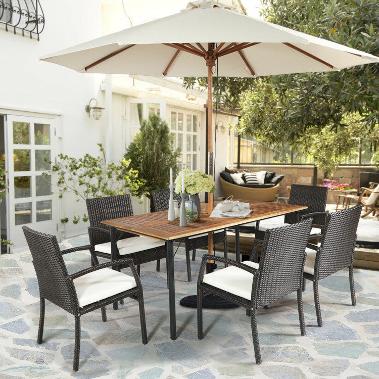 Weatherproof Design for Outdoor Use: Crafted from durable PE wicker and powder-coated steel, this patio dining set is built to withstand the elements, ensuring year-round functionality. The acacia wood table boasts a 2.16'' umbrella hole and a slatted top to prevent water pooling.