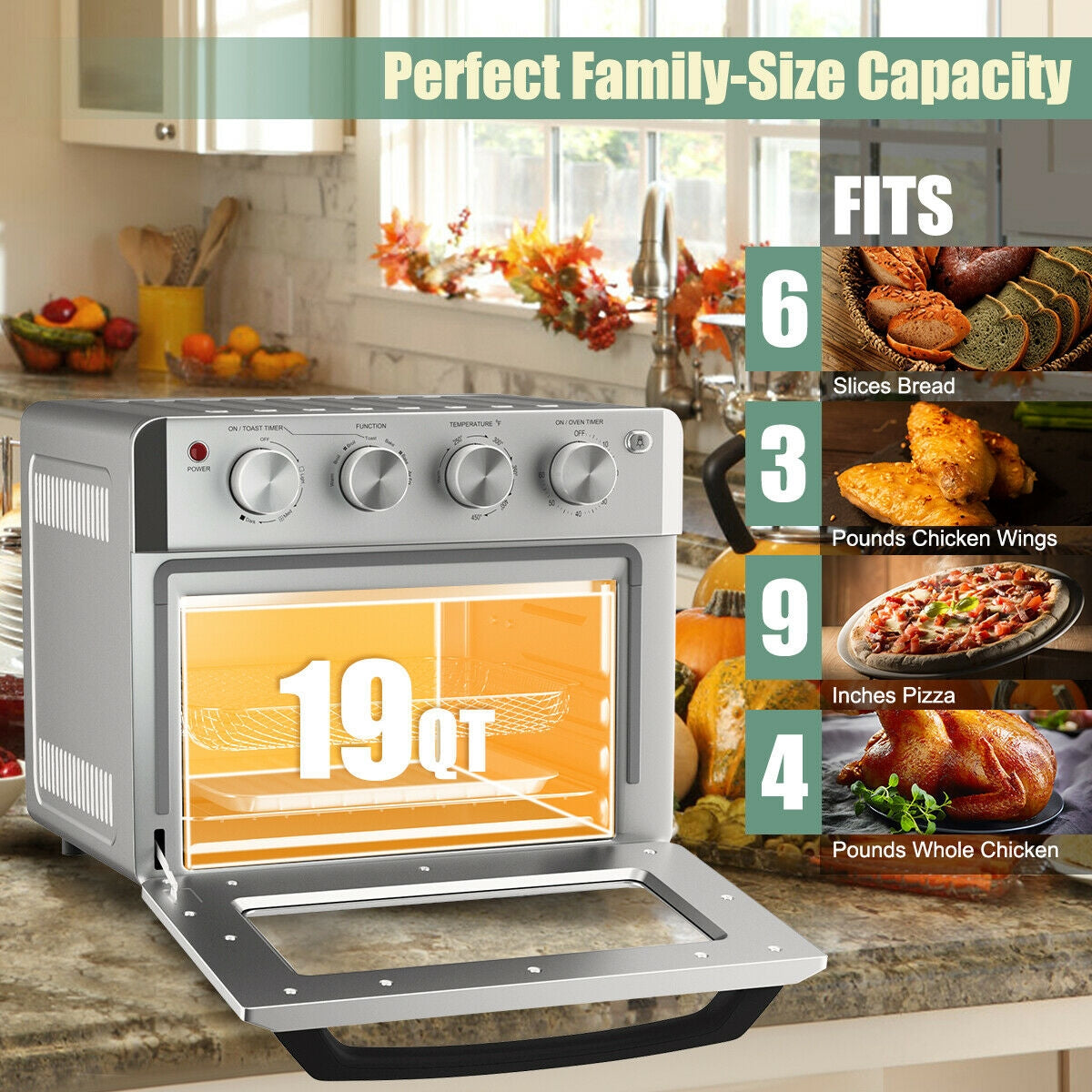 Generous Family Size with Enhanced Safety: Our air fryer toaster oven boasts a spacious 19-quart interior that can accommodate six slices of toast, a 9-inch pizza, three pounds of chicken wings, or a four-pound chicken, making it ideal for family meals. Non-slip foot pads, a heat-resistant handle, and an oven mitt provide added safety and peace of mind.