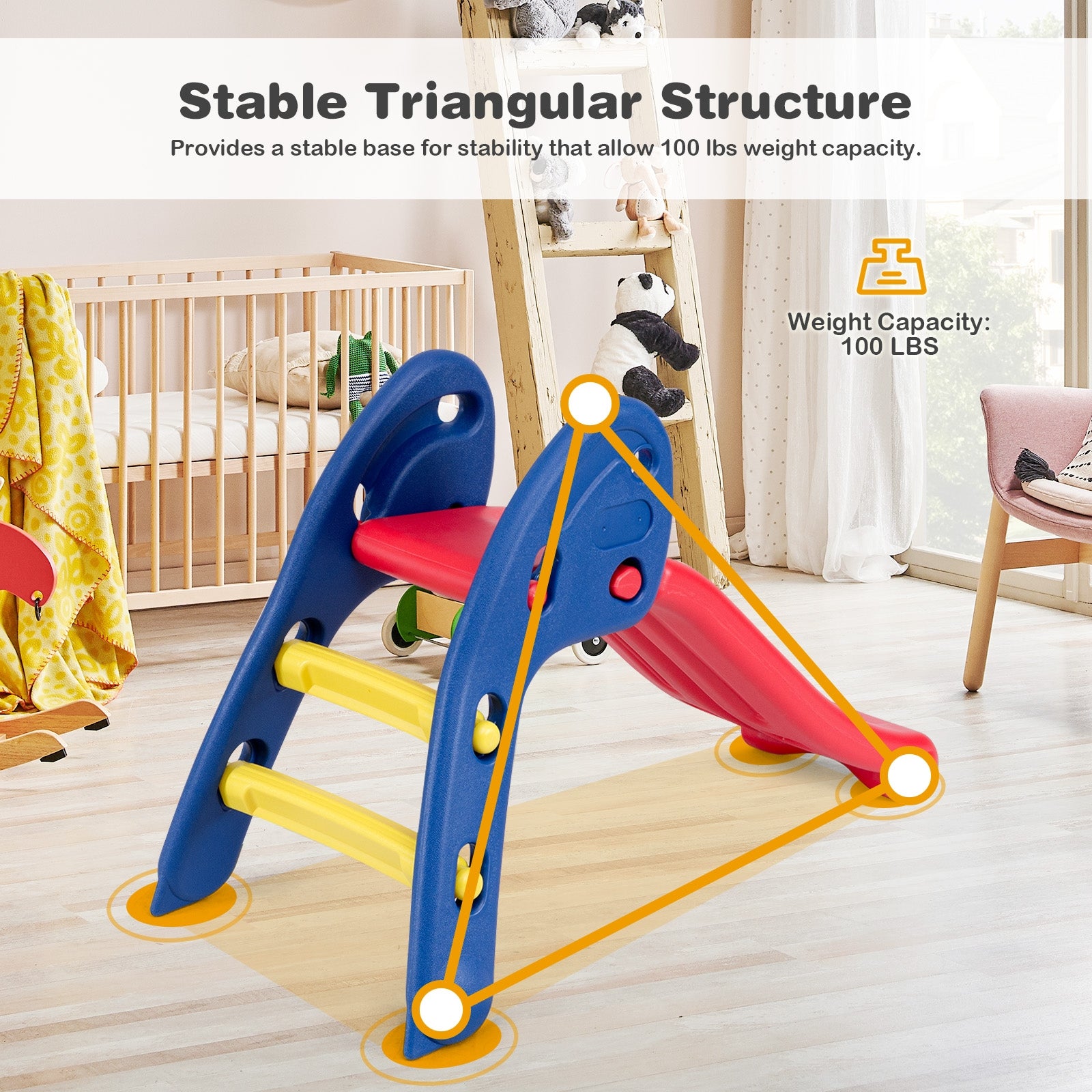 Reliable strength with strong weight-bearing capacity: Through a precise integrated molding process, our slide achieves a remarkable balance between lightweight design and stability. With a robust weight-bearing capacity of 100 lbs, it is both reliable and durable, perfect for children aged 3-6 years old.