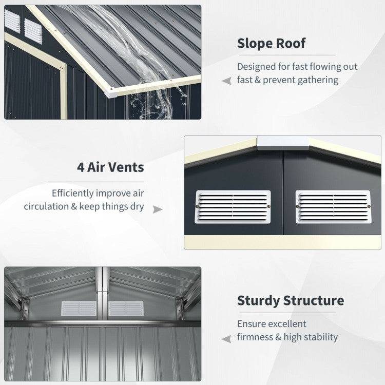 Thoughtful Ventilation and Drainage Design: Front and rear vents allow cool air circulation, keeping your belongings well-protected. The sloped groove design prevents water accumulation, ensuring quick rain runoff. Practicality meets ingenuity for an ideal outdoor storage solution!