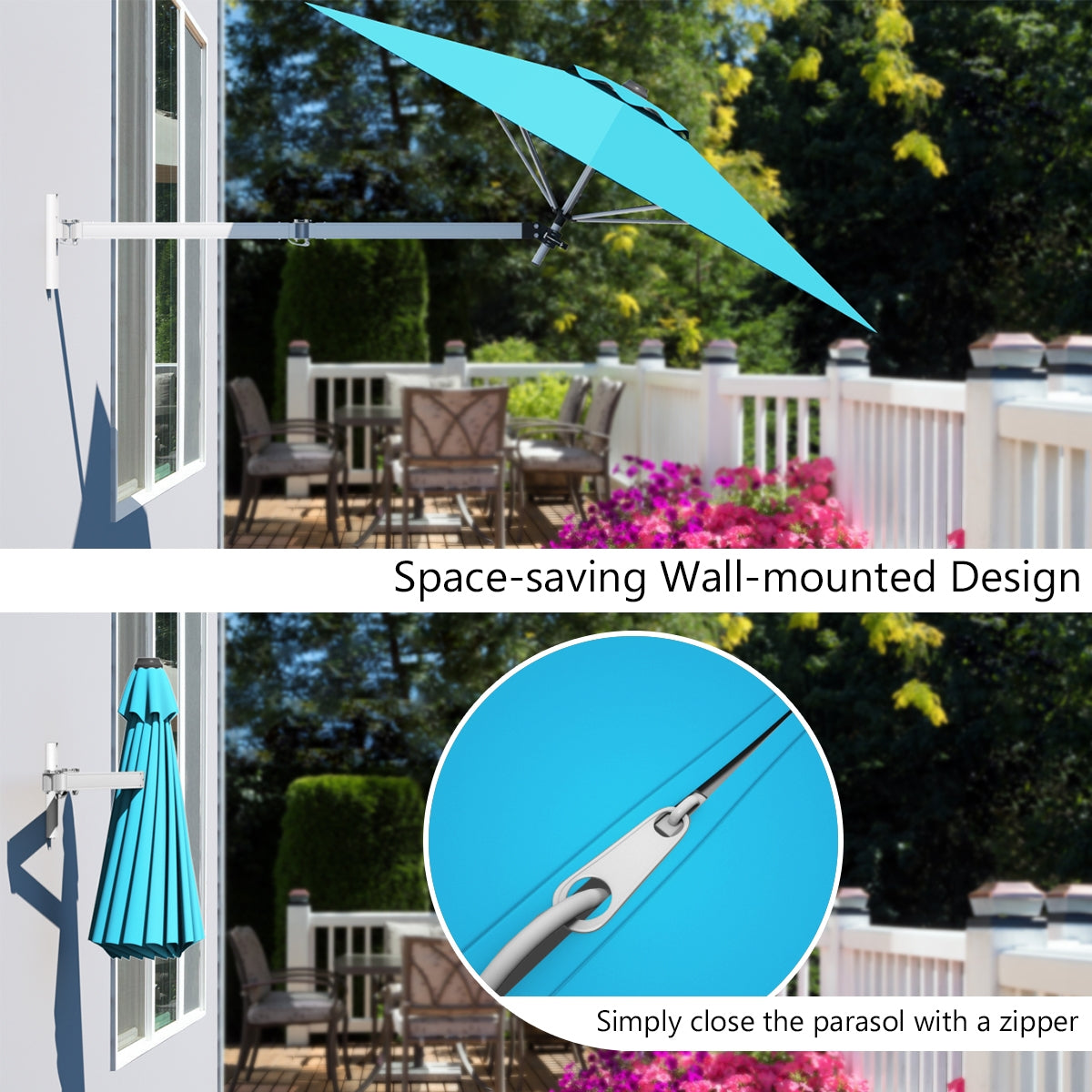 <strong>Wall-mounted Umbrella with Zipper:</strong> Say goodbye to bulky umbrellas cluttering your outdoor space! Our wall-mounted design offers convenient installation options, saving valuable space while providing ample shade. Plus, the easy-to-use zipper ensures hassle-free opening and closing.