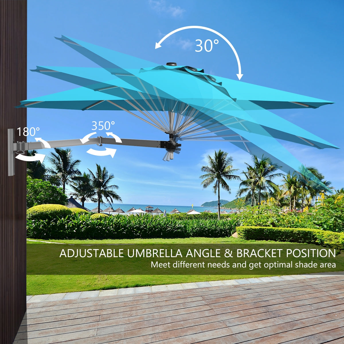 <strong>Multiple Adjustments:</strong> Experience ultimate flexibility with our versatile parasol, offering multiple adjustments to tailor your shade experience. Tilt the umbrella heads for optimal sun blocking or adjust the bracket to suit your specific needs effortlessly.<br>