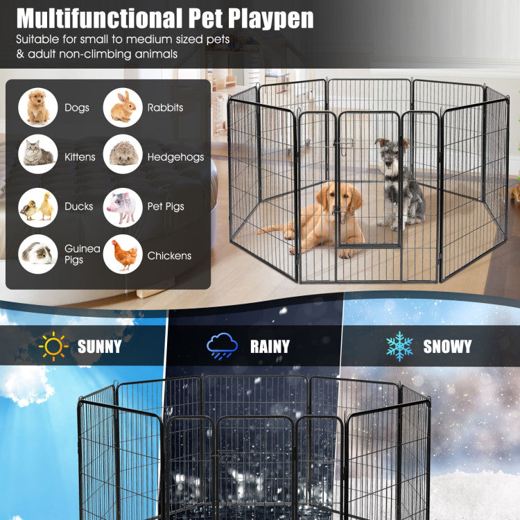 Durable and Robust Dog Playpen: Crafted from heavy-duty metal, our pet dog playpen boasts exceptional strength and resilience, ensuring it stands the test of time. It's also rust-resistant and weatherproof, making it ideal for safe and secure outdoor use, giving your furry friends the freedom they need.