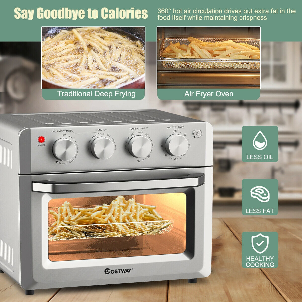 Enjoy Healthy Oil-Free Cooking: Unlike traditional cooking methods that rely on hot oil, our convection toaster oven utilizes balanced heating with four heating tubes on the top and two on the bottom. With an adjustable temperature range of 250℉-450℉, excess fat is effectively removed from the food while preserving its crispy texture and delicious taste.