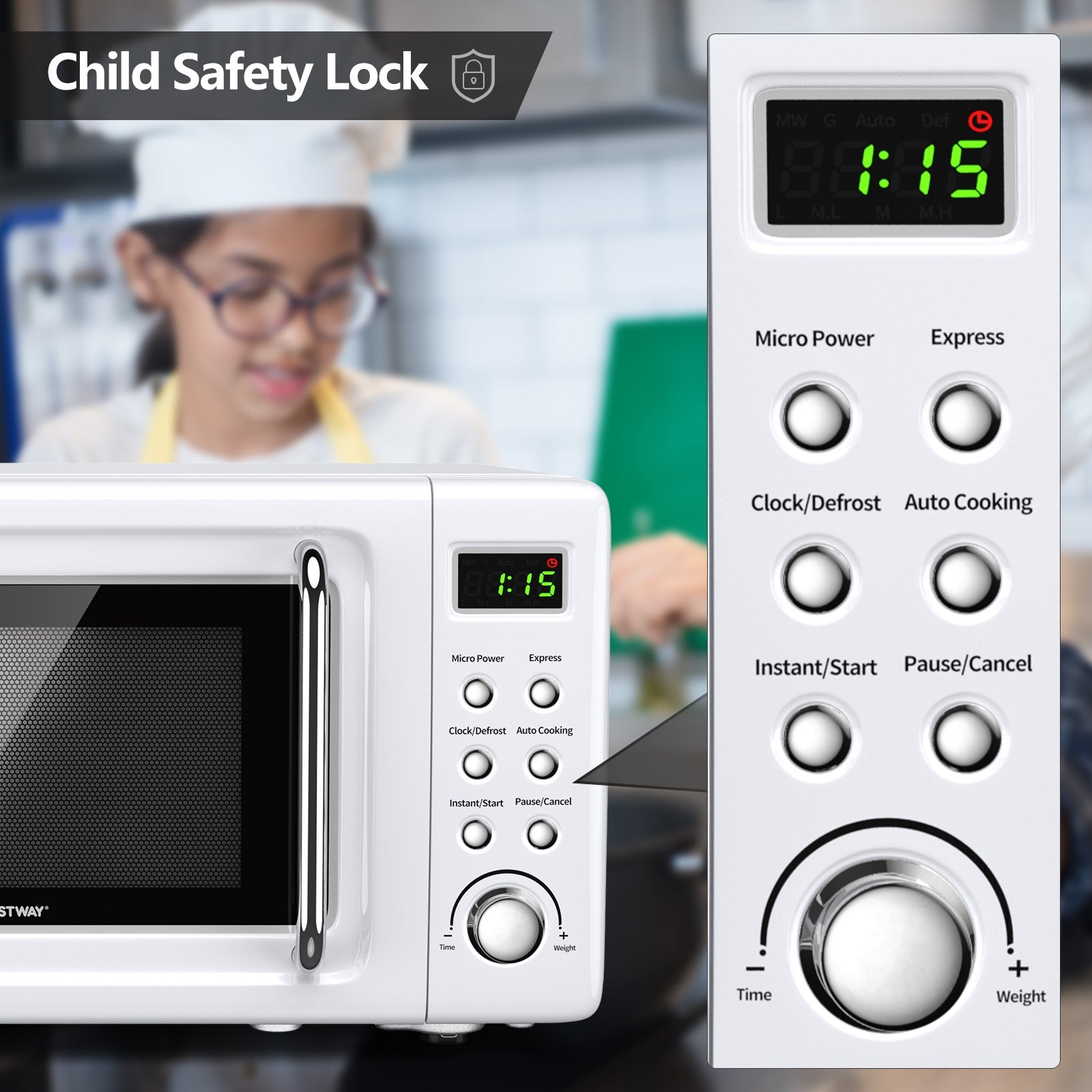 Completion Sound and Child Lock Design: Enjoy peace of mind with our microwave oven's completion sound that signals the end of cooking with three beeps. The built-in child lock prevents accidental touching, ensuring improved security and safety. Rest assured, our microwave oven is ETL and UL-certified, guaranteeing its safety and suitability for use.