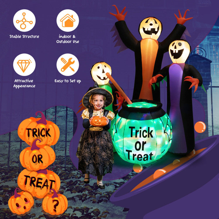 Captivating Inflatable Witch: Elevate your Halloween decor with this 8ft inflatable masterpiece! It combines the enchantment of witches and the charm of pumpkins, creating an eye-catching display that's sure to be the talk of the neighborhood. Three pumpkin-faced witches in delightful costumes are conjuring up a spooky cauldron scene.