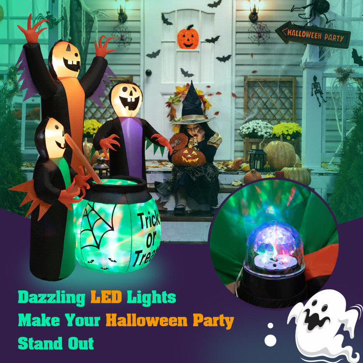 Mesmerizing Nighttime Glow: This outdoor inflatable decoration boasts brilliant pure white LED lights that illuminate each adorable pumpkin face. Plus, it features a captivating rotating light within the grand cauldron, casting an enchanting nighttime spell that beckons neighbors and trick-or-treaters to your yard.