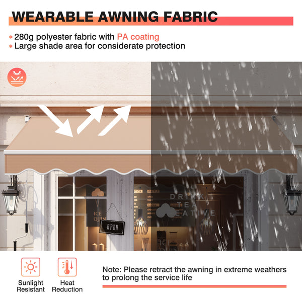 Built to Last Material: The retractable awning is constructed with durable materials. It is made of 280g dyed polyester with a PU waterproof coating, providing UV resistance, wear resistance, and fade resistance. It is also easy to clean and maintain for long-lasting use, effectively protecting your skin from sun damage.