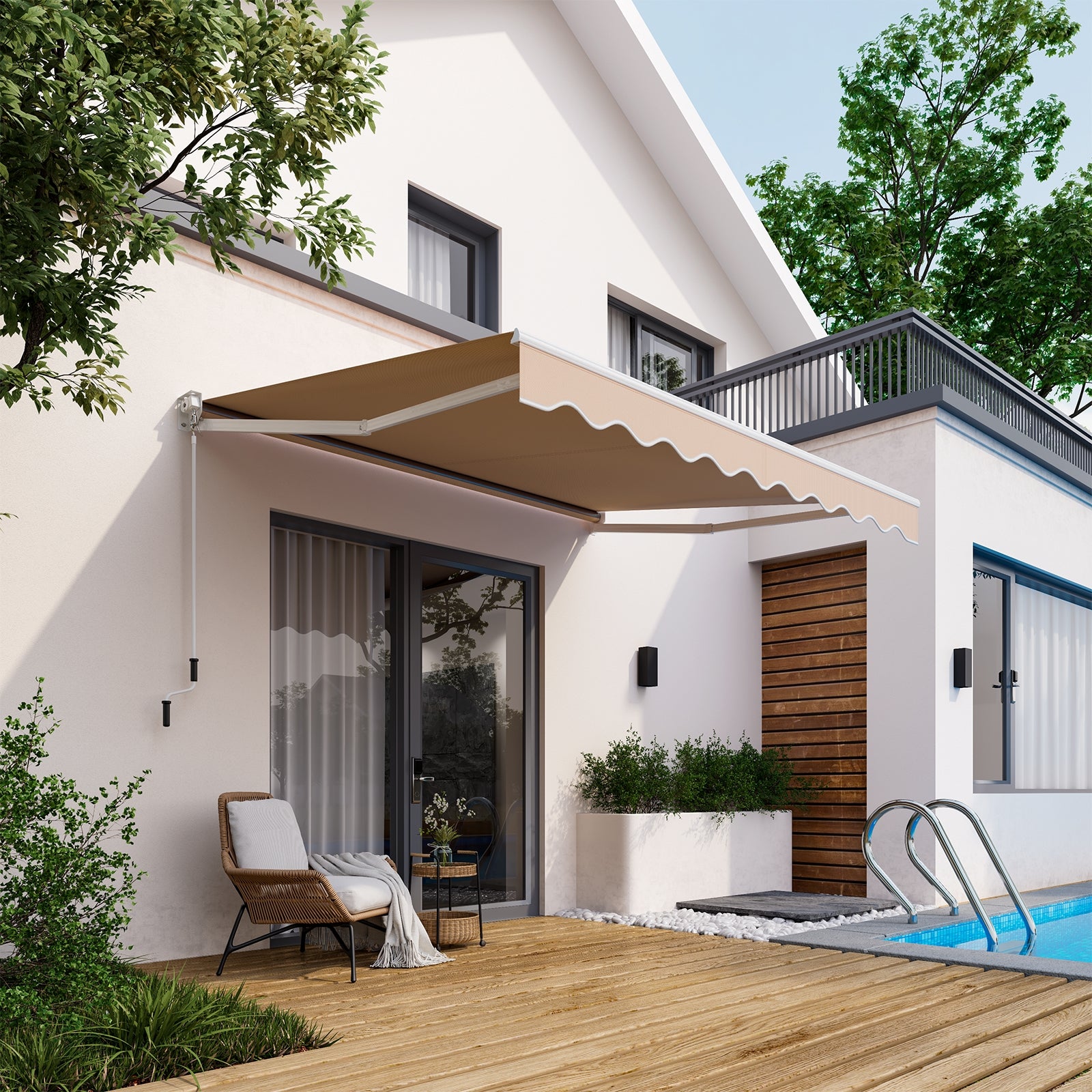 Wide Application: With its classic design and beautiful wavy edge, this retractable awning adds a decorative touch to any space. Measuring 8' x 6.6', it is suitable for various doors and windows, making it perfect for use on patios, balconies, decks, gardens, restaurants, cafes, and more.