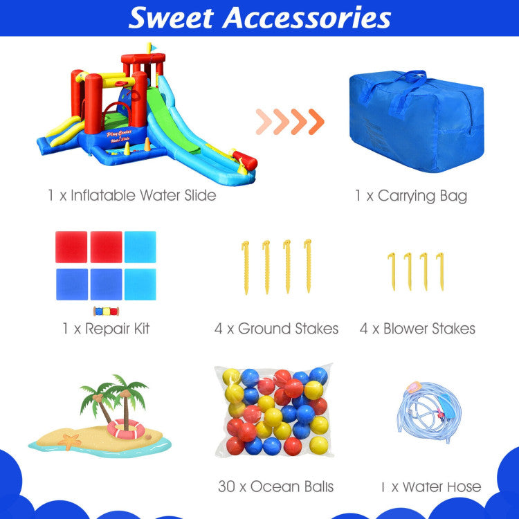 Complete Set of Bonus Goodies: We've got you covered with 4 ground stakes for stability, 30 ocean balls for added playtime excitement, a hose for instant water action, a repair kit for peace of mind, and a convenient carrying bag. Suitable for up to 6 kids playing together, with a total weight capacity of 300 lbs, individual weight limit of 100 lbs, and recommended for kids between 3 ft and 5 ft tall. Don't miss out on this ultimate playtime experience!