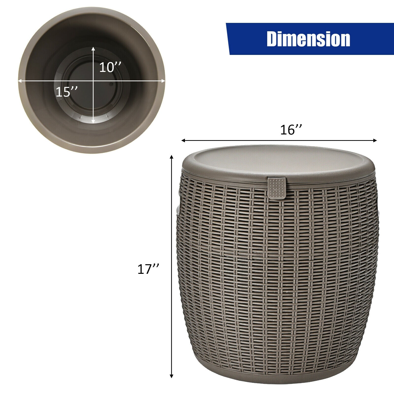 All-Weather Durability and Easy Assembly: Made of durable PP material, the ice bucket ensures stability and withstands various weather conditions. It comes pre-assembled and can be used right away. The smooth inner surface allows for easy cleaning. Overall dimensions: Φ16" x 17" (H).