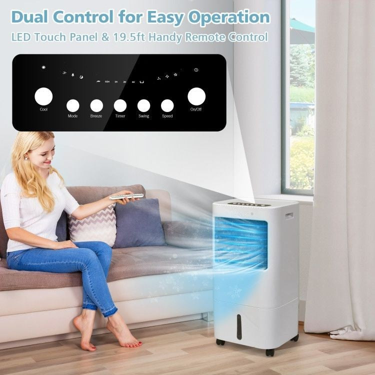 Remote Control and User-friendly Panel: Manage all functions effortlessly with the remote control, providing convenience from the comfort of your bed or sofa, with a control distance of up to 6 meters. The control panel offers clear visual data, allowing for easy operation of our air cooler, making it user-friendly for everyone.