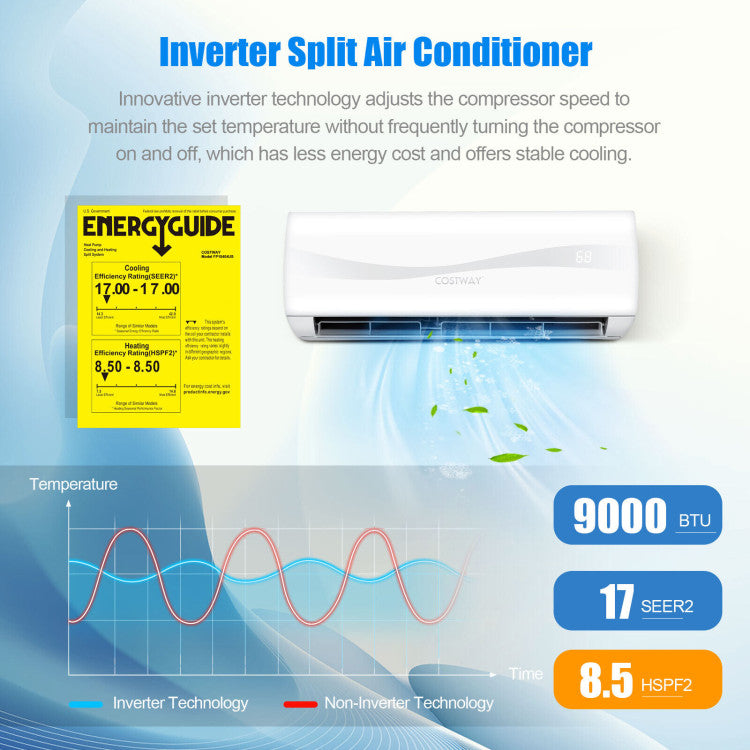 Advanced Inverter Technology: This mini split air conditioner applies the inverter technology that not only is more energy-saving but also offers a better user experience. Except for lower energy consumption, the air conditioner with inverter technology also offers smaller temperature differences and slower temperature variation, which creates a healthier environment.
