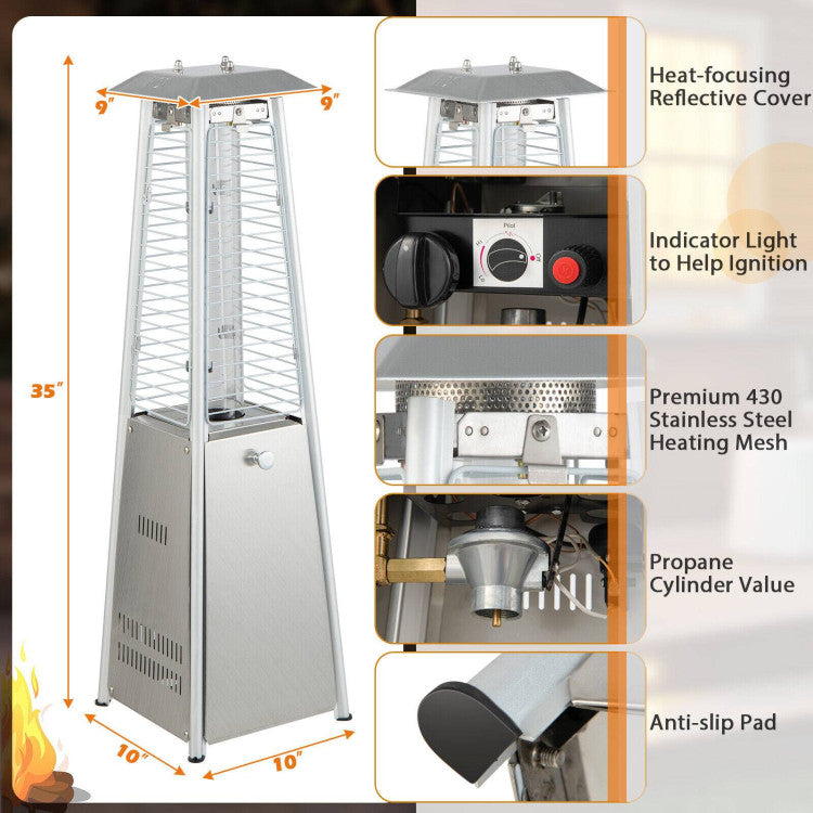 Compact Size: Measuring 10” x 10” x 35” (L x W x H) in dimension and weighting 11 lbs in net weight, this outdoor heater allows you to move it without the hassle and put it on the tabletop, which does not take up too much space. And the non-slip foot pads keep it stable.