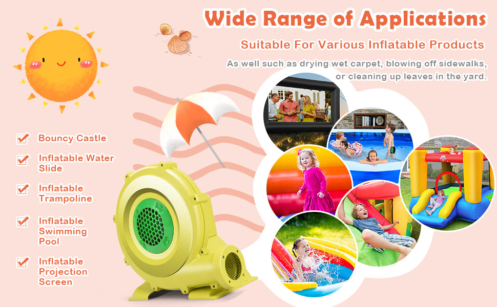 Wide Usage: With 0.6 HP, strong and efficient 480 watts motor, this air blower for inflatables can quickly fill and greatly air flowing, and it works well with outdoor bounce houses, water slides, inflatable screen movie obstacle courses, air sofas and other suitable inflatable bouncers. ⚠️Note: 1) Avoid to use air blower outdoors on rainy day; 2) avoid getting the plug of blower wet.