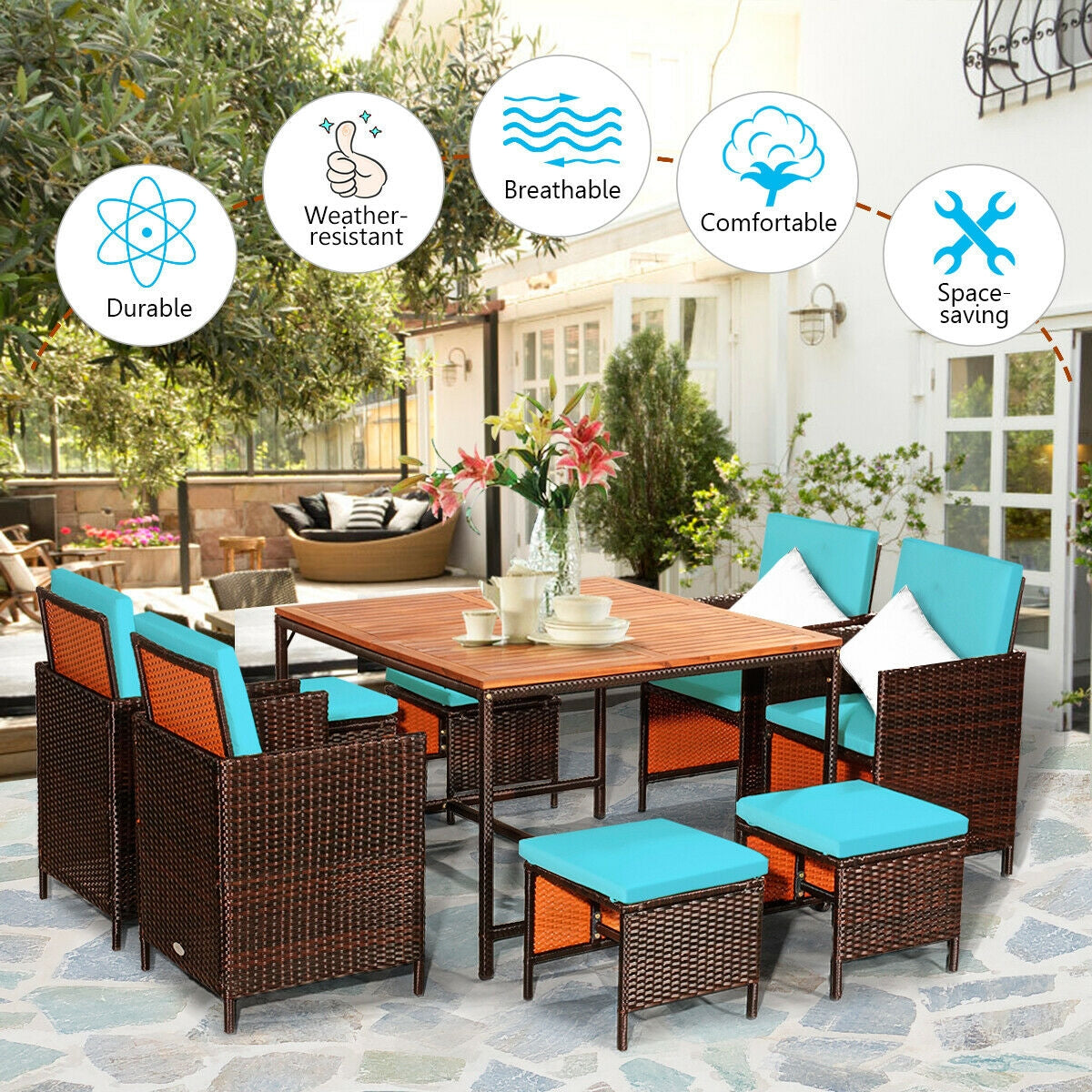 Sturdy and Long-lasting Construction: Crafted from high-quality PE wicker, this dining set is built to withstand various weather conditions and remain durable over time. The dining table is made of premium acacia wood, ensuring sturdiness and resistance to wear. Additionally, the solid steel frame provides excellent load-bearing capacity and reliable support.