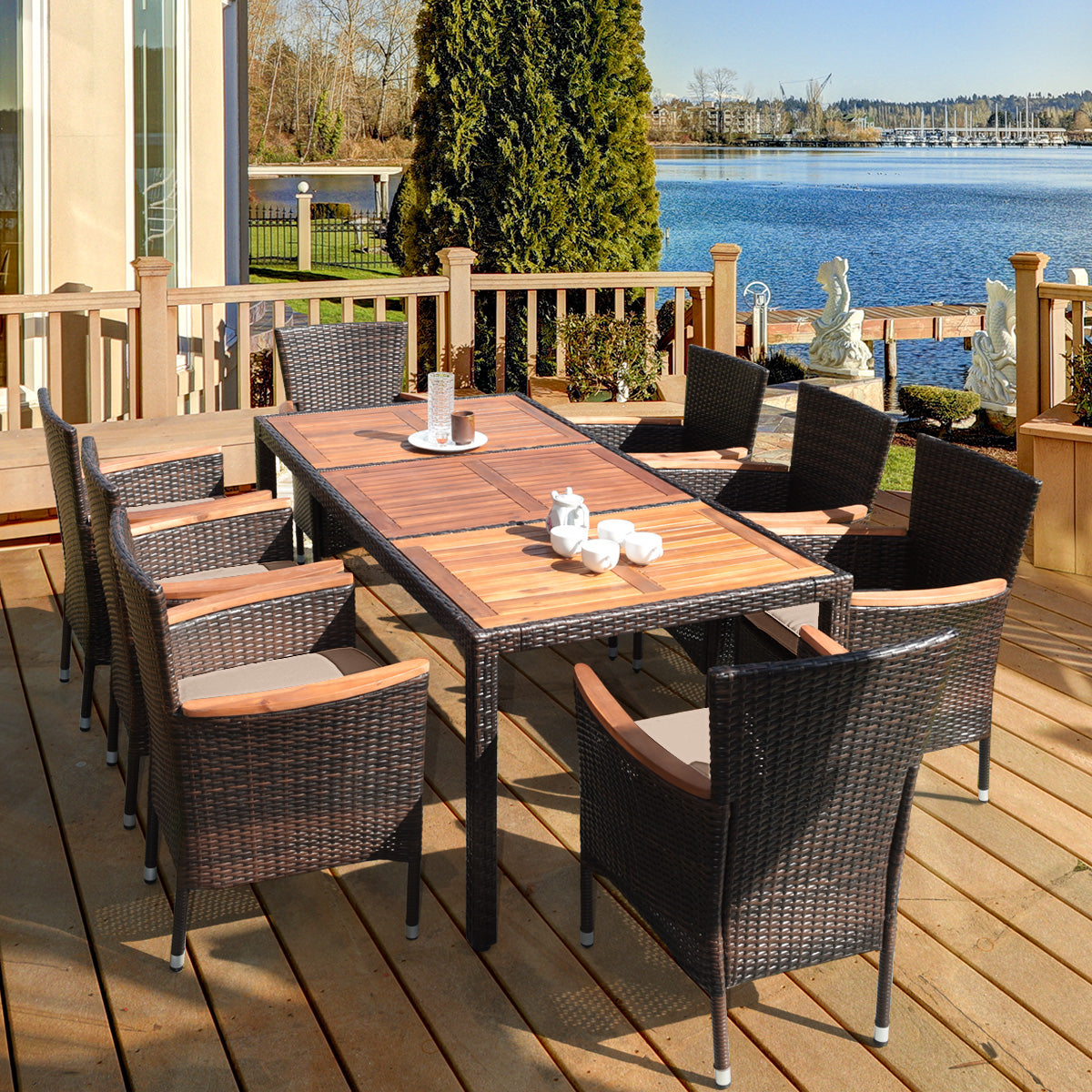 Premium Acacia Wood Table: The table top of this patio dining table consists of three acacia panels, which is a highly durable tropical hardwood that is safer than a glass table top, without the worry of breakage. Moreover, with adjustable anti-slip foot pads, this table works well on uneven ground.