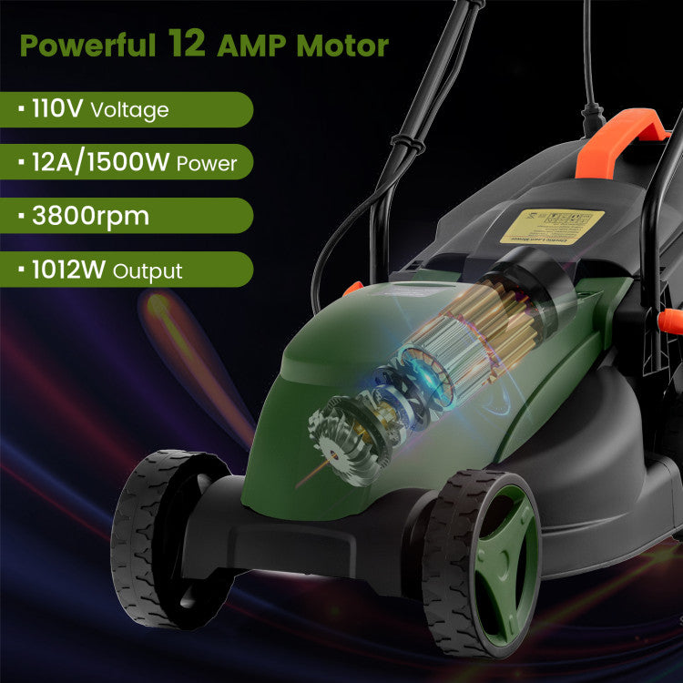 <strong>Effective Cutting Motor:</strong> Equipped with a 12-AMP powerful motor, this 4015 rpm lawn mower allows you to easily cut various kinds of grass. With a light weight of 15.5 lbs and a 13.5-inch cutting range, this glass cutting machine is easy to operate and control with high efficiency.<br>