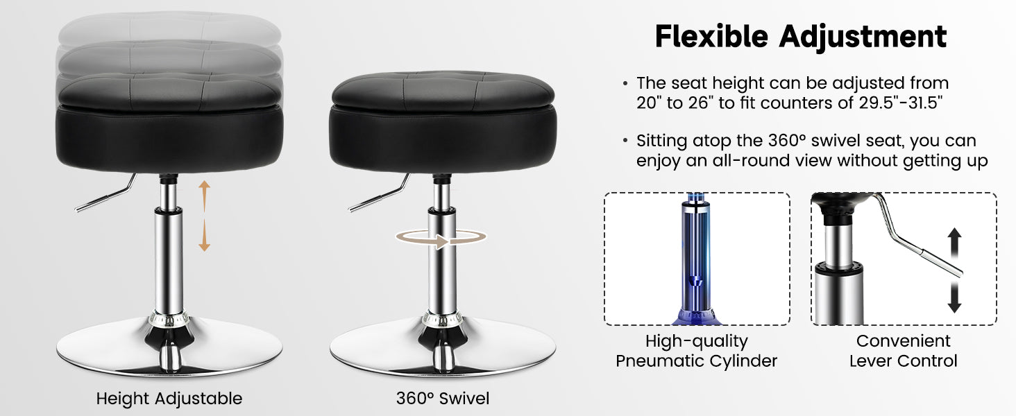 Height-Adjustable and Swivel Elegance: Experience ultimate comfort with our makeup stool's adjustable height (20" to 26") and 360-degree swivel design. Effortlessly communicate with others in any direction while enjoying the convenience of a customizable seating experience. A sleek solution for your living room or vanity setup.