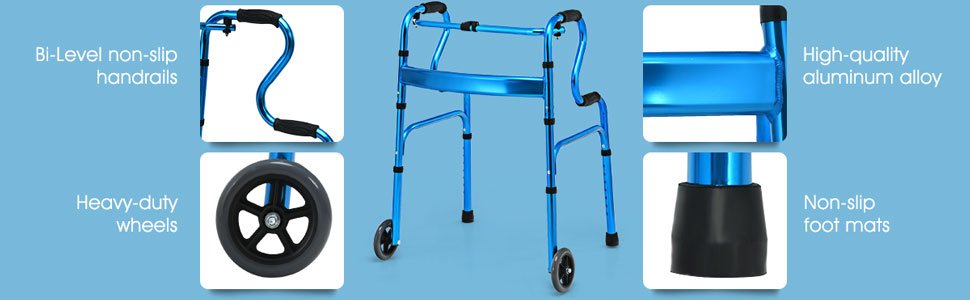 Bi-Level Handrails and Textured Grips: R-shaped handrail with 2-tier design facilitates user gradually stand from the lower sofa or chair. 4 grooved grips enhance friction and wear resistance while using. Equipped with 2 unidirectional pulleys, this walker allows user to move stably and smoothly.