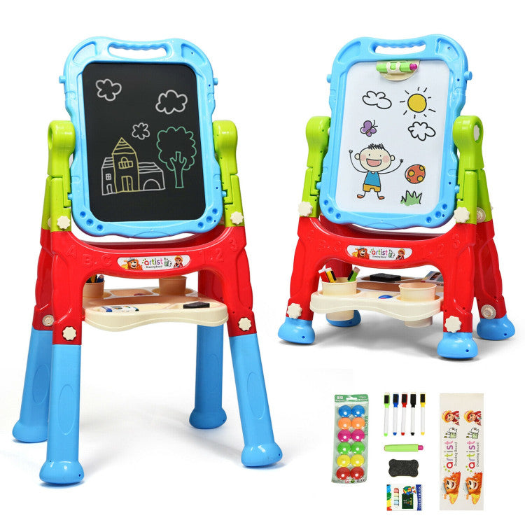 Abundant Accessories and Easy Assembly: This easel set includes 2 storage cups, 5 whiteboard pens with magnets, 12 colorful chalks, 1 eraser, 12 magnetic beads, and 1 sticker. 1 sleeve is designed for pinching chalk and placing it on the board for easy access. Plastic screws and nuts with simple installation are easy to assemble.