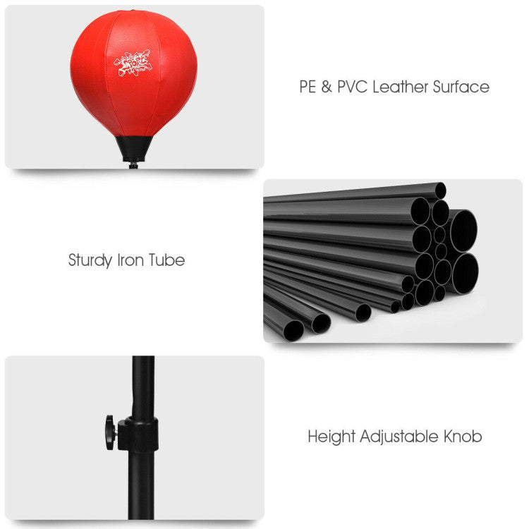 Effortless Assembly: Get into action swiftly with our user-friendly setup. The ball's surface, crafted from PE and PVC leather, is smooth and elastic, while the durable spring delivers an exhilarating rebound. Plus, we've included a hand pump for quick inflation and protective boxing gloves for injury prevention.