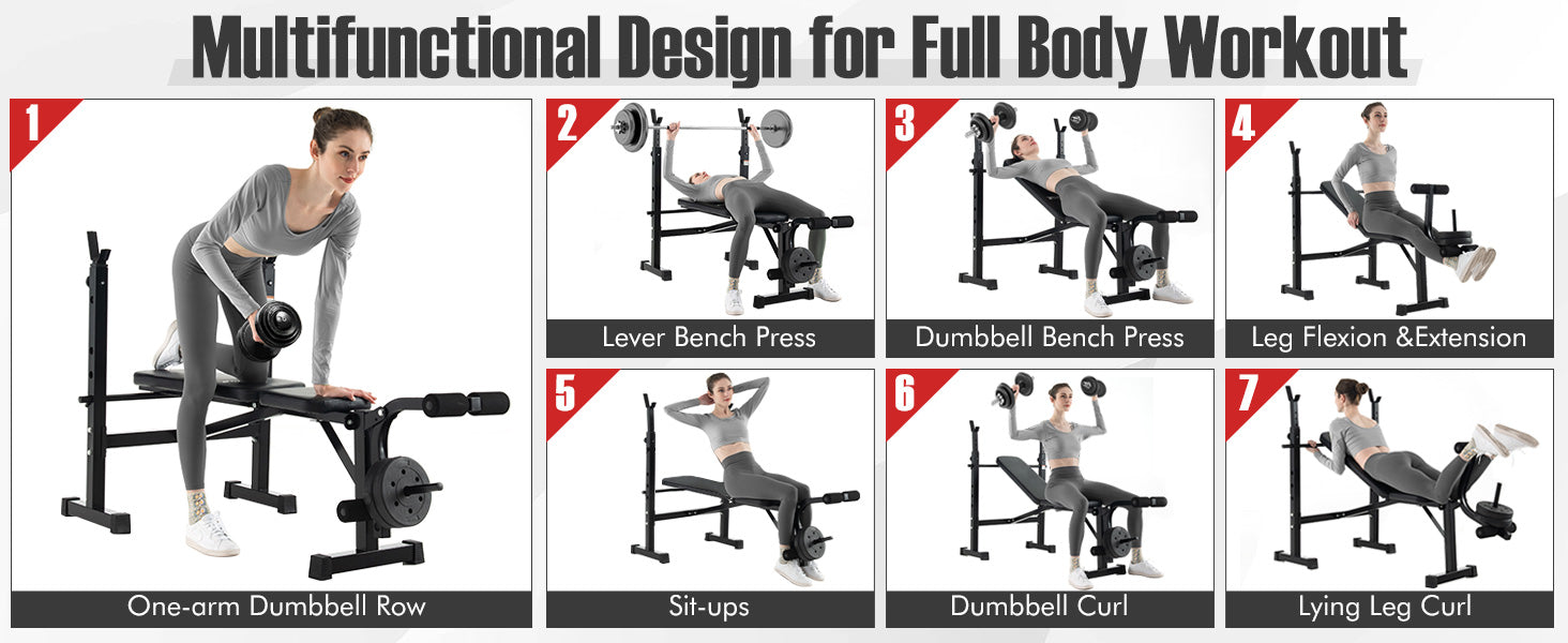 Multipurpose Workout Equipment: Elevate your fitness routine with our multipurpose workout equipment, featuring an adjustable weight bench, versatile barbell rack, and leg developer. Achieve a full-body workout at home, targeting chest, shoulder, back, abdomen, hip, arm, and leg muscles – all in one compact set!