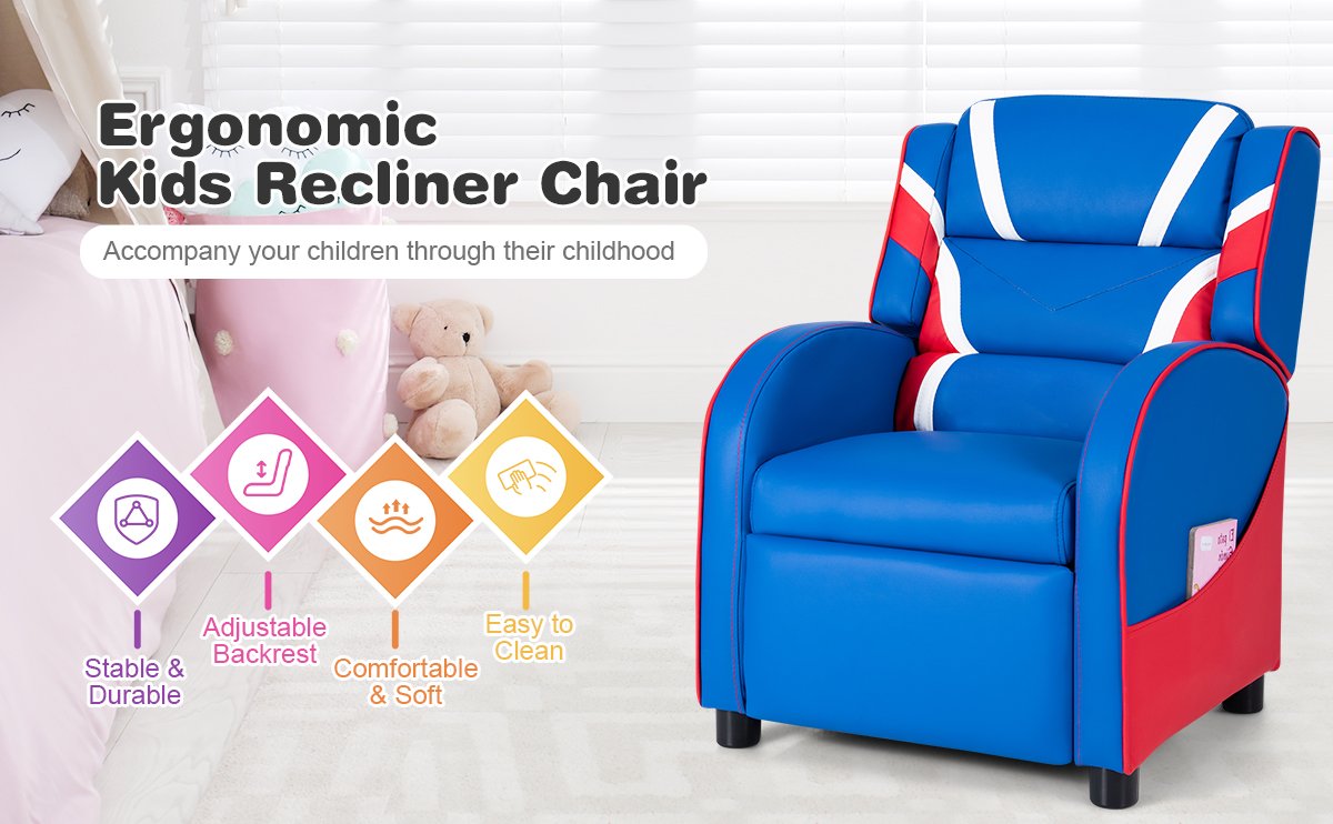 Ergonomic Design for Kids: This recliner is specially designed for kids with perfect size. A high back attached with a soft headrest creates a comfortable reclining experience for kids. The smooth and round armrests and lumbar support also bring more comfort to get the ultimate satisfaction.
